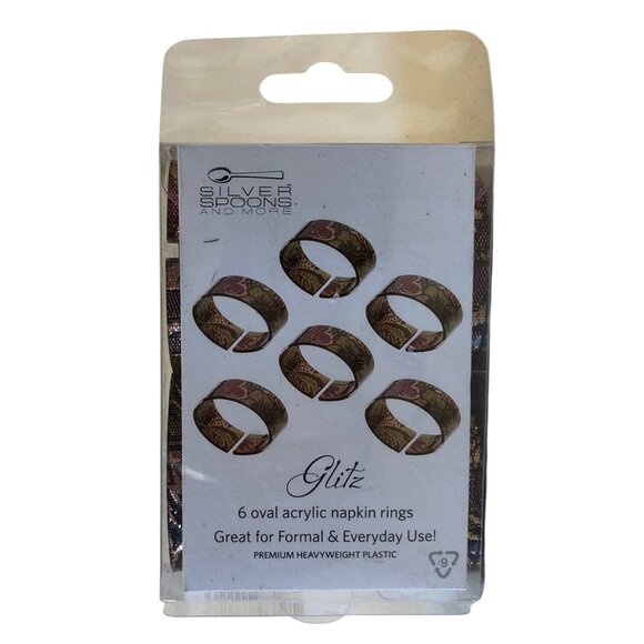 Silver Spoons Napkin Rings Set Of 6 Oval Acrylic Burgandy Gold Glitz Boxed - Picture 2 of 8